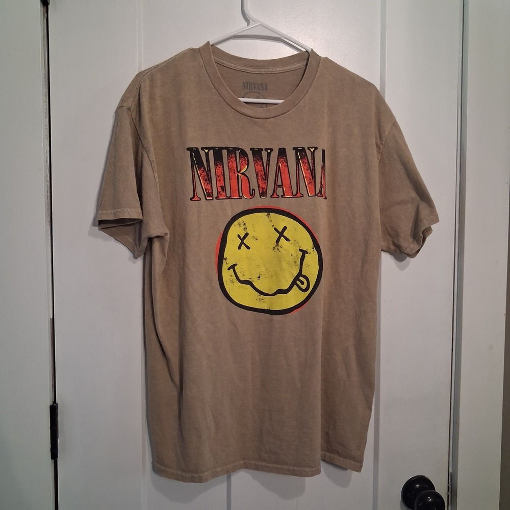 Nirvana T-Shirt Men L Brown Graphic Smiley Face Band Tee Grunge Rock Streetwear